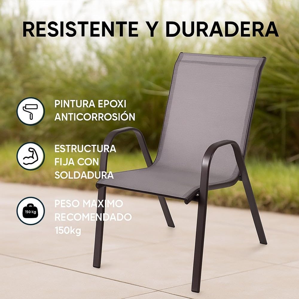 LOLAhome Set de 4 Sillas de Jardín de Acero Gris Topo y Textileno Antracita | Resistentes: Acero anticorrosión, Textileno Doble | Transpirables, Apliables | Soporta 110 Kg | 55x72x90 cm | Classic