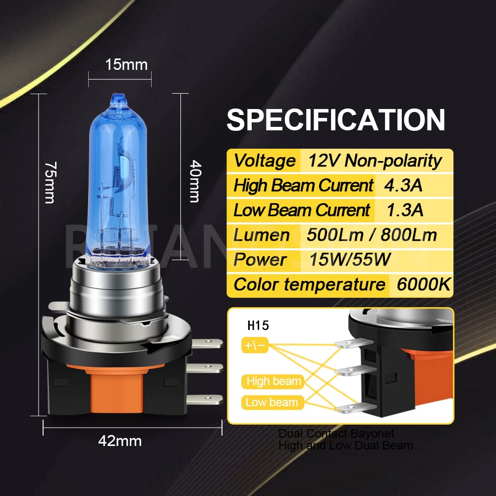 Ruiandsion H15 Halogen Scheinwerferbirnen, H15 12V 15/55W Xenon White Birne Ersatz Scheinwerfer, Packung mit 2