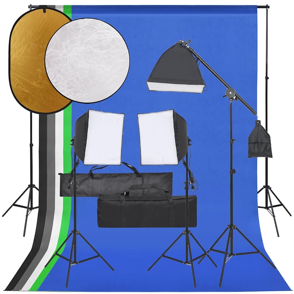 Kit de studio photo avec lumière continue LED, boîte à lumière, réflecteur, fond flexible, trépied en aluminium, formateur de lumière et sacs de transport pour studio, vlogging, portrait et
