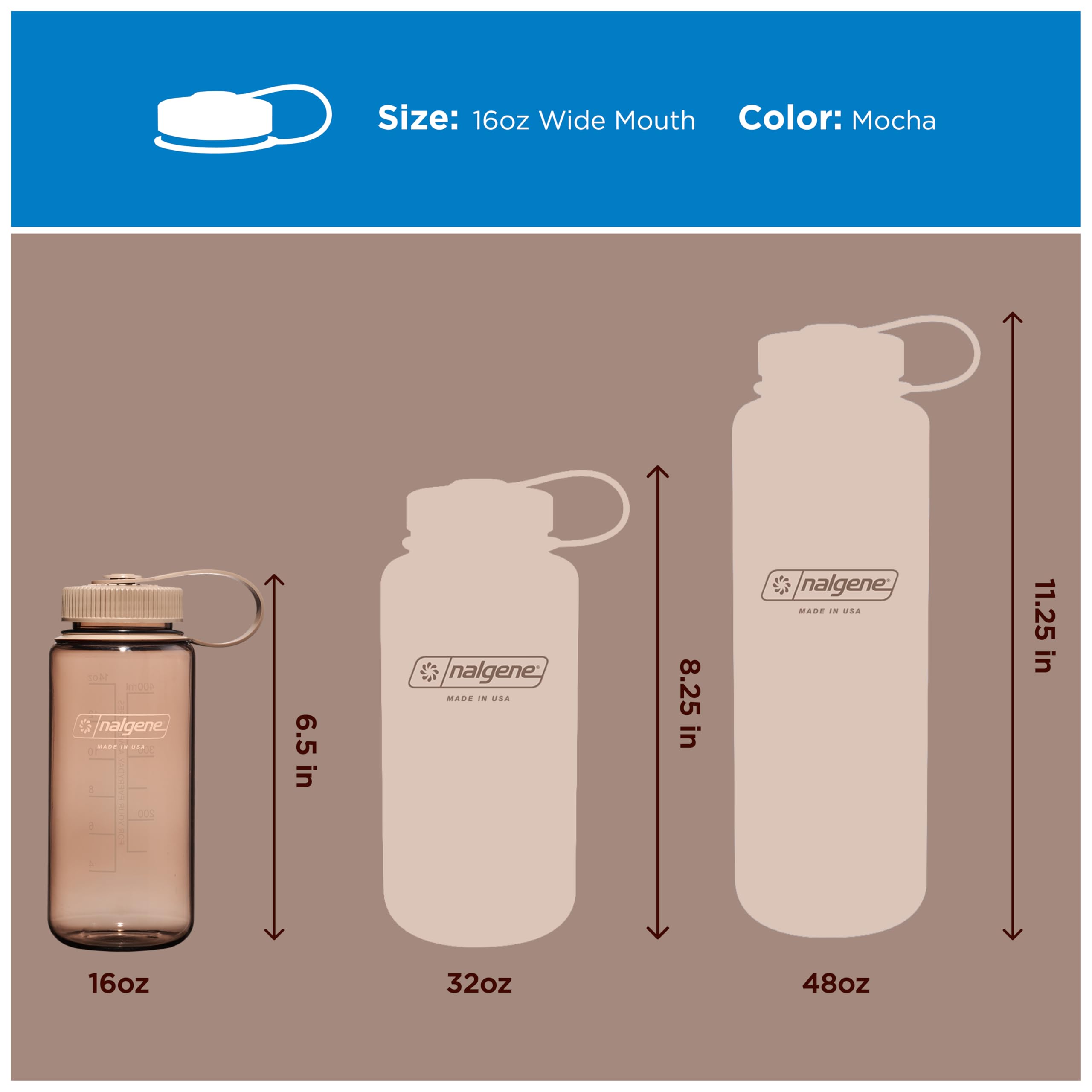 Nalgene Sustain Butelka na wodę z tritanu, bez BPA, wykonana z materiału pochodzącego w 50% z tworzywa sztucznego, 473 ml, szeroki otwór, mokka