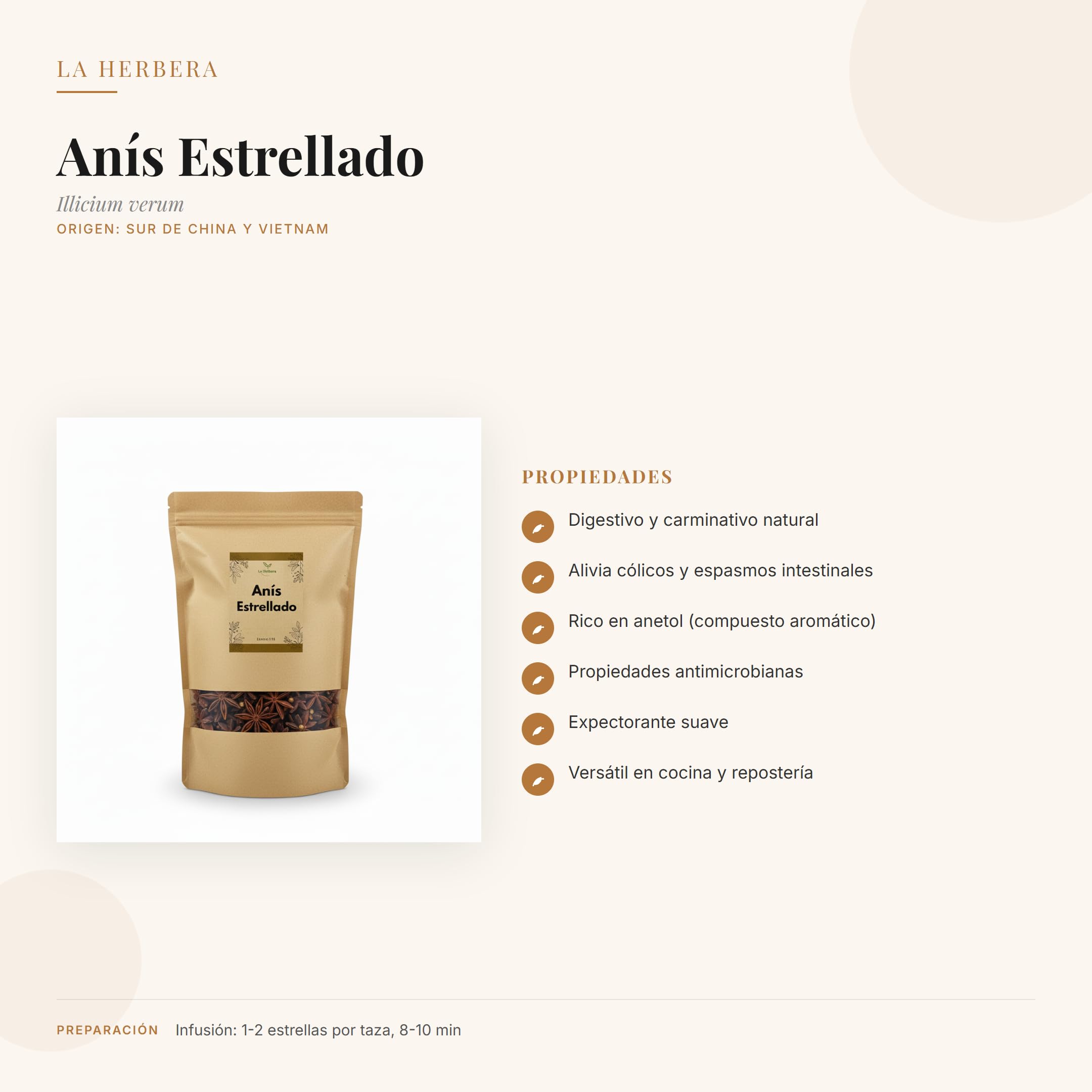 Anís Estrellado (Illicium verum) getrocknet lose 1000 g – für Kräutertees, 100% natürlich, ohne Zusätze – La Herbera
