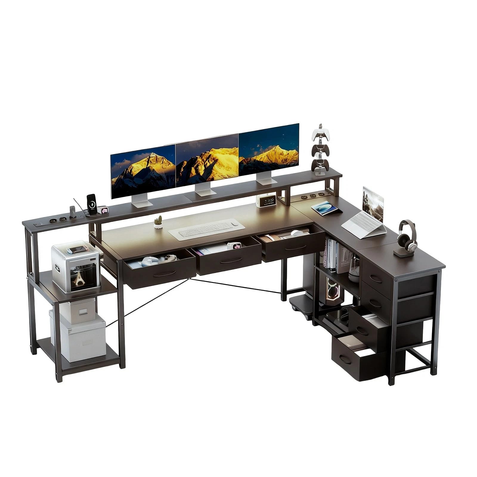 Schreibtisch L Form mit Schubladen, Gaming Tisch mit Steckdose, LED & Monitorständer, 200 x 146cm, 7 Stoffschubladen, Computertisch für Büro Arbeitszimmer Schlafzimmer (Schwarz)