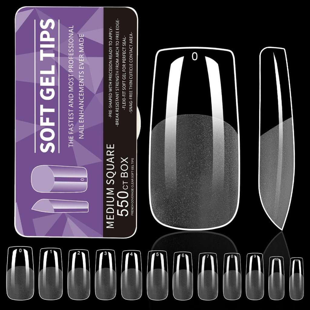 550PCS Almond Gel Nails Tips Pre Etched False Nails Clear Full Covers Soft Acrylic for Manicures