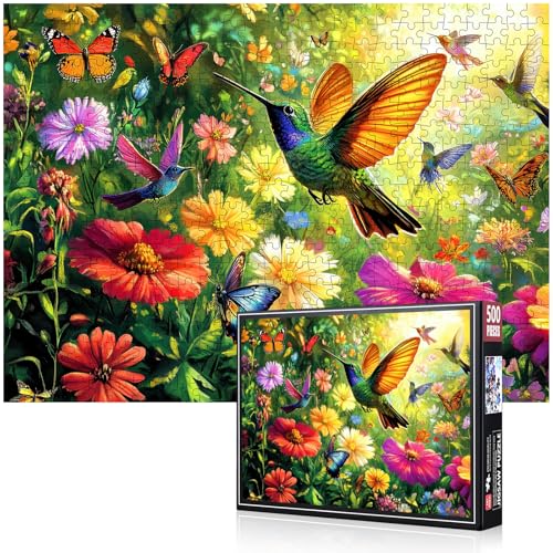 500 Piece Jigsaw Puzzle for Adults - Colorful Hummingbird & Butterfly Garden Puzzle, 20.5'x15' Floral Nature Jigsaw for Relaxation, Home Decor & Gift (Hummingbird)