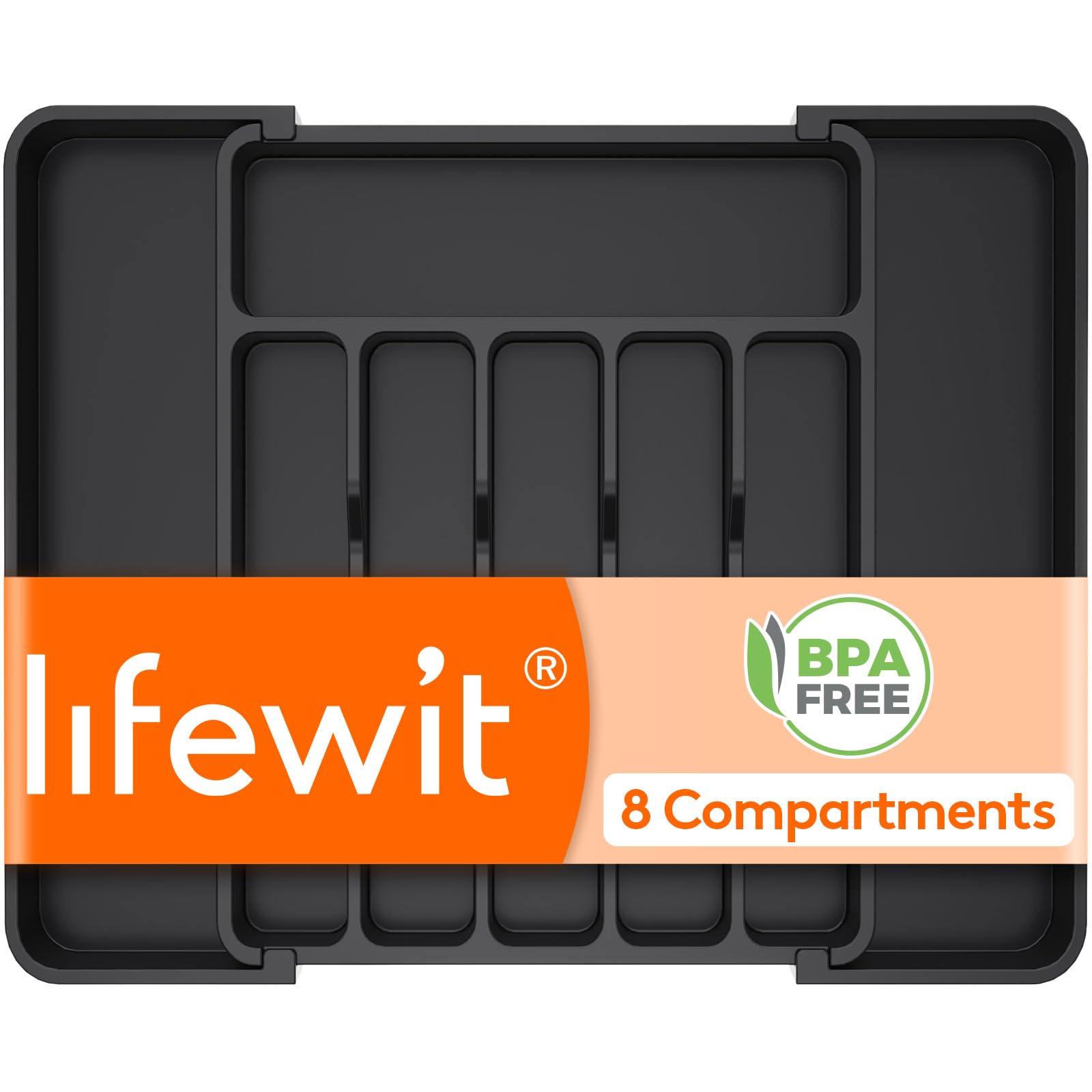 Lifewit Extendable Cutlery Drawer Organiser, Kitchen Utensil Tray with 8 Compartments for Spoons Forks and Knives, Black