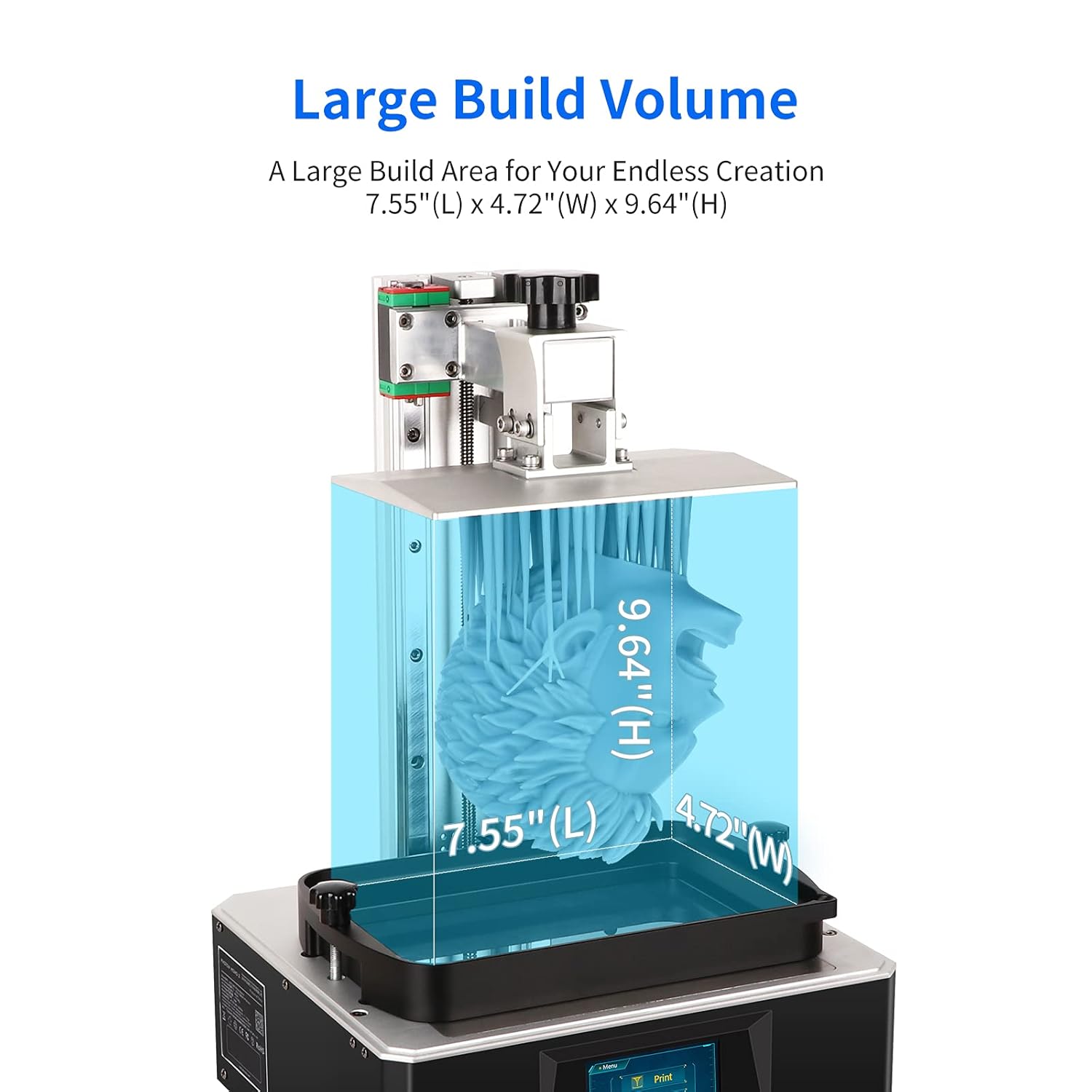 Diagram illustrating the large build volume of the Anycubic Photon Mono X printer.