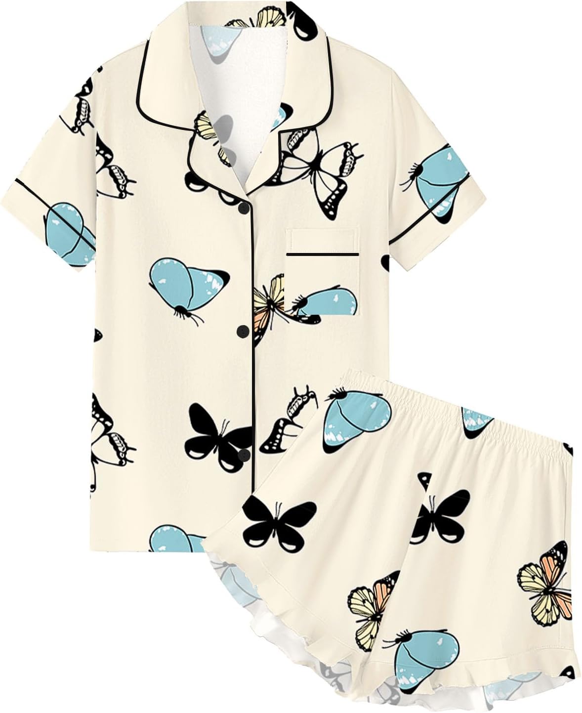 Girls & Women Pajama Sets 100% Cotton Sleepwear Button Down Short Sleeve With Ruffle Shorts PJS 5 Years-Large