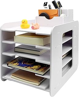 WAIZHIUA 5 Tier Letter Tray Organiser A4 Size File Holder Office Paper Trays Organizer Desktop Document Storage Rack Desk Tidy with Pen Holders for Home School Supplies, White