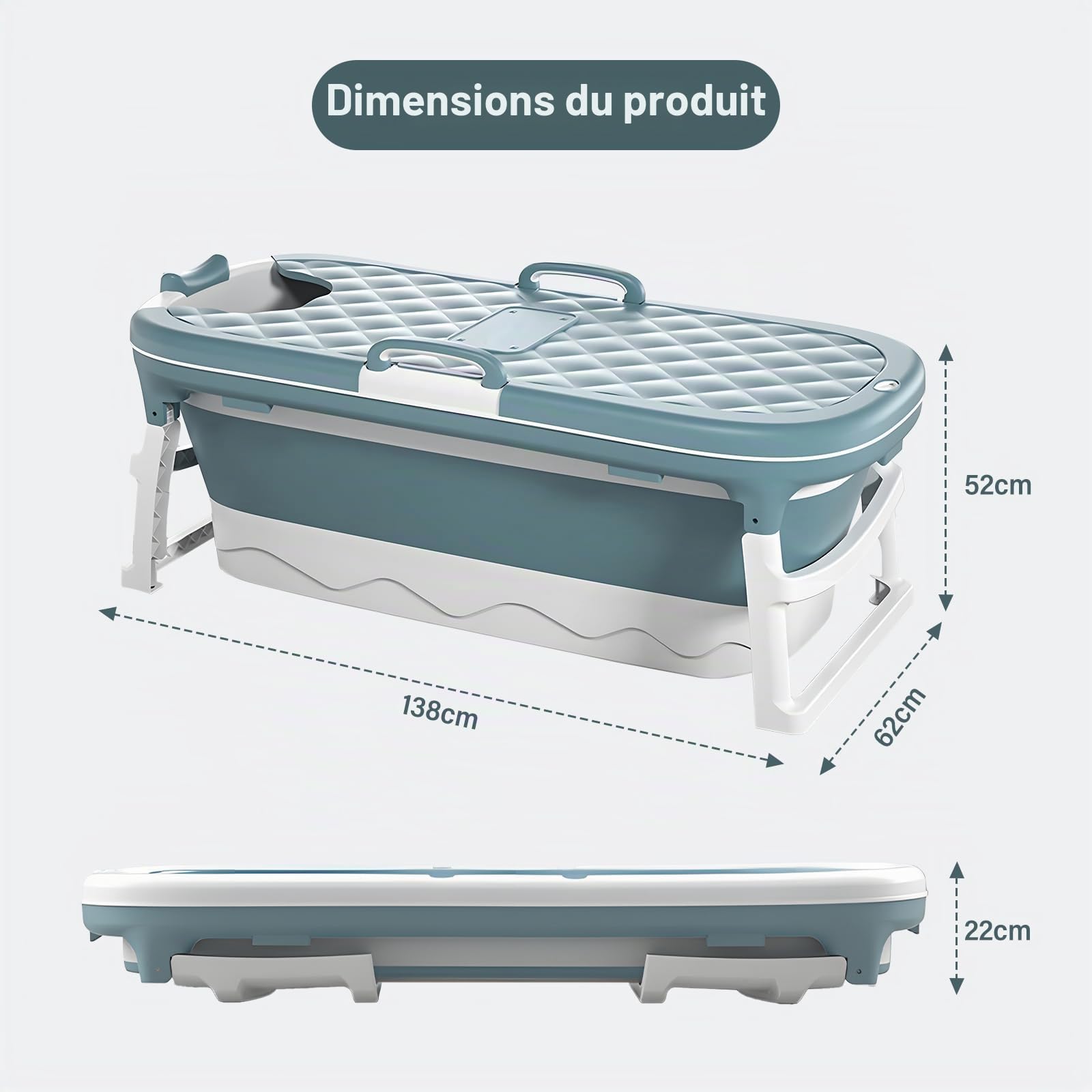 Warmiehomy Baignoire portable pour adulte, 138 x 62 x 52 cm, grande baignoire pliable, baignoire épaisse sur pied, baignoire de massage à la vapeur avec couvercle, baignoire de sauna à la maison pour