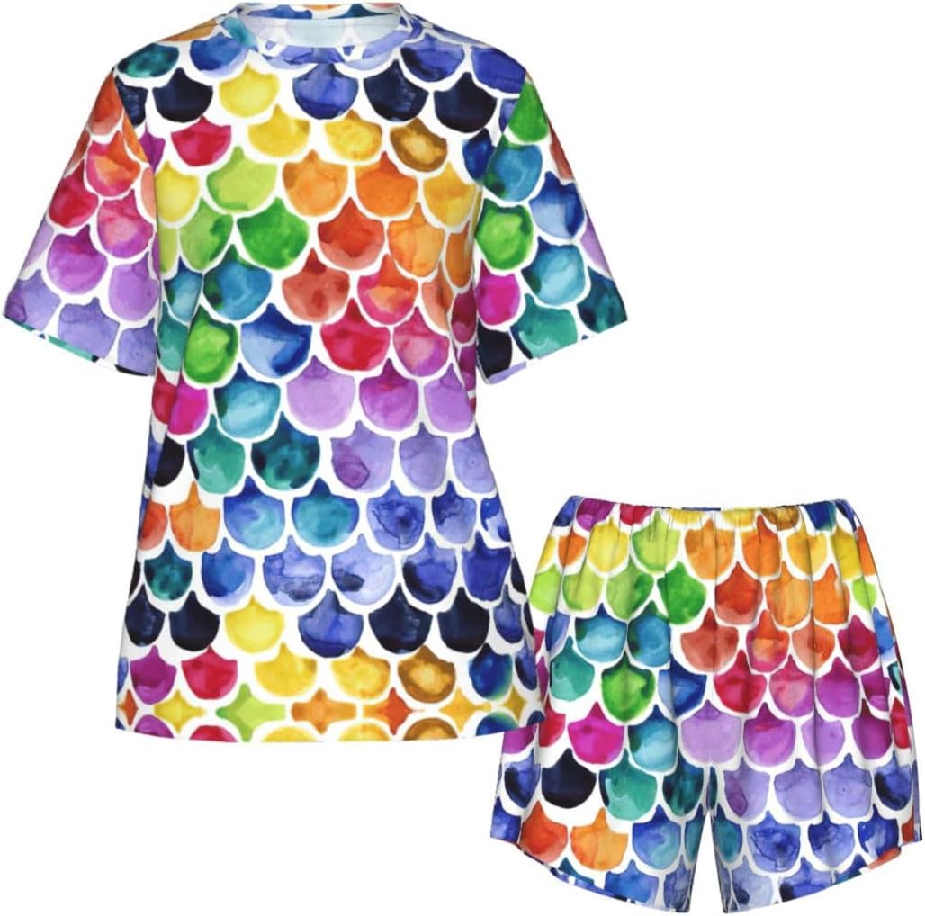 Mermaid Fish Scale Print Cute Short Sleeve Pajama Set For Women Casual Loungewear With Pockets Four Seasons S-3xl