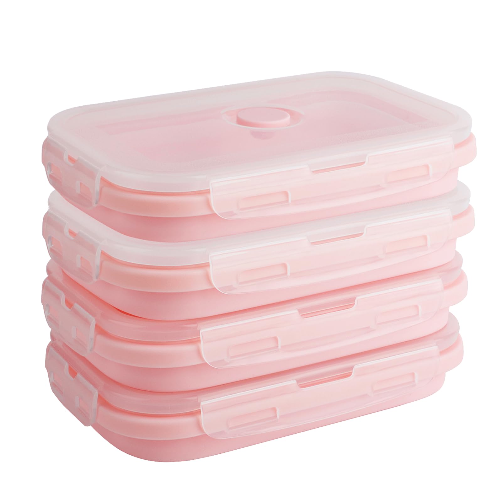 OITUGG Collapsible Food Containers set of 4 pcs - 1200ml Collapsible Lunch Box - Silicone Fresh Fold Food Containers Leakproof, Designed 4 Snap-on Buckles, BPA Free, Easy Clean, Microwaveable, Pink