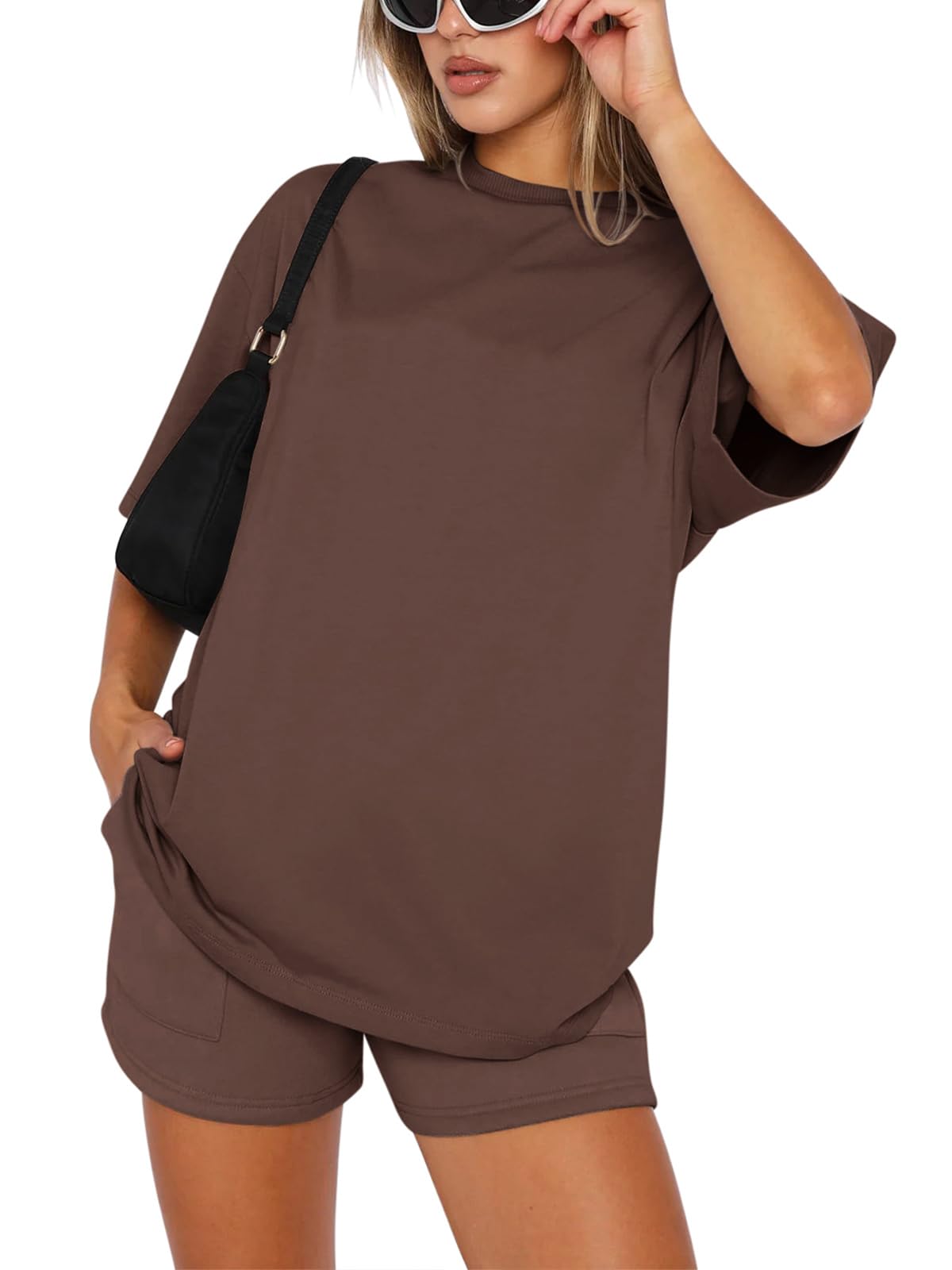 REORIA Survêtement pour femme, manches courtes, col rond, couleur unie, 2 pièces, tenue de maison, tenue de jogging, ensemble de survêtement