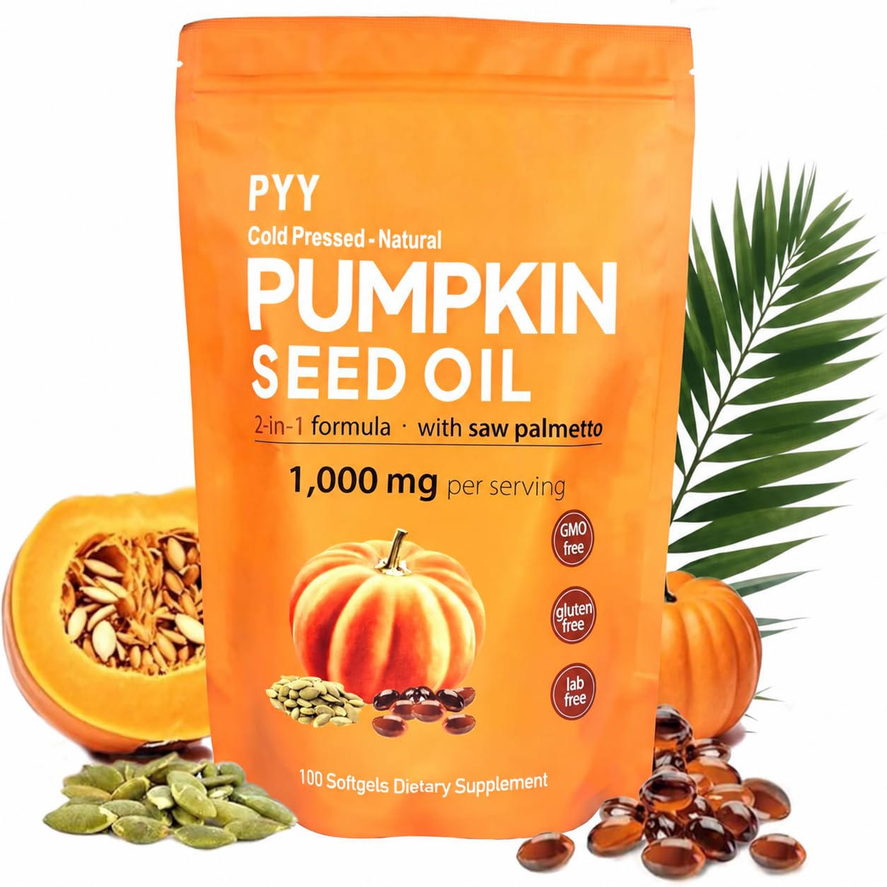 PYY Pumpkin Seed Oil & Saw Palmetto Softgels |100 Capsules | Cold-Pressed Rich in Essential Fatty Acids & Phytosterols | Promotes Healthy Hair, Urinary Function, Bladder & Prostate Support 100 Capsules (Pack of 1)