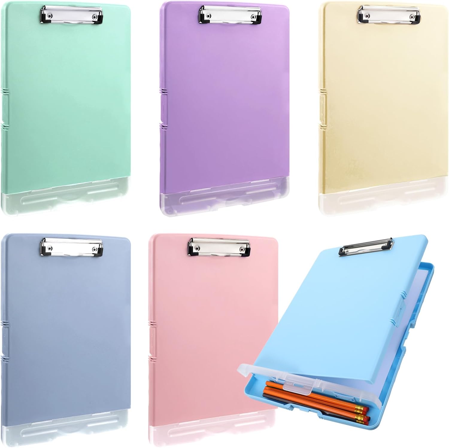 JIEYAO 6 Pcs Heavy Duty Plastic Clipboard with Storage, A4 Pastel Colors Waterproof Clipboards with Pen Holder Side-Opening Nursing Clip Board for Office School Supplies