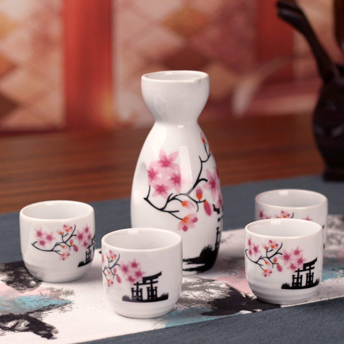 Lawei Set di sake giapponese in ceramica, 5 pezzi, motivo: fiori rosa