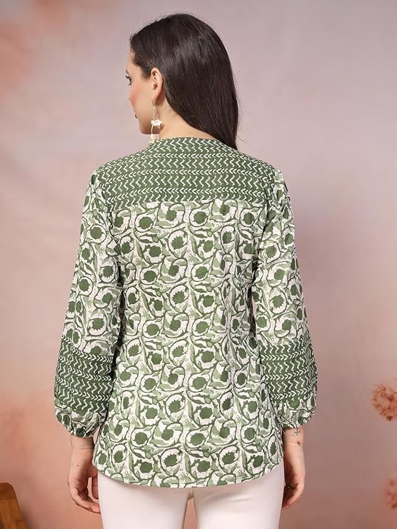 Image of Avayayat Women's Cotton Style Short Kurti for Women | Printed Straight Cotton Kurta | Round Neck Full Sleeves Short Kurti for Women's | Solid Printed Short Kurti Green