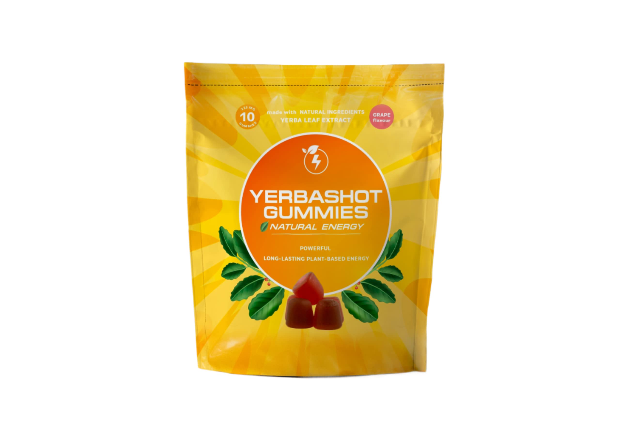 Yerbashot Energy Gummies - Natural Yerba Mate and Guarana Caffeine Chews for Instant Energy, Organic, Healthy Vegan Fast Fuel Gummies Boost. B12, B1, Taurine, Lysine. 10 Pack, Grape Flavor