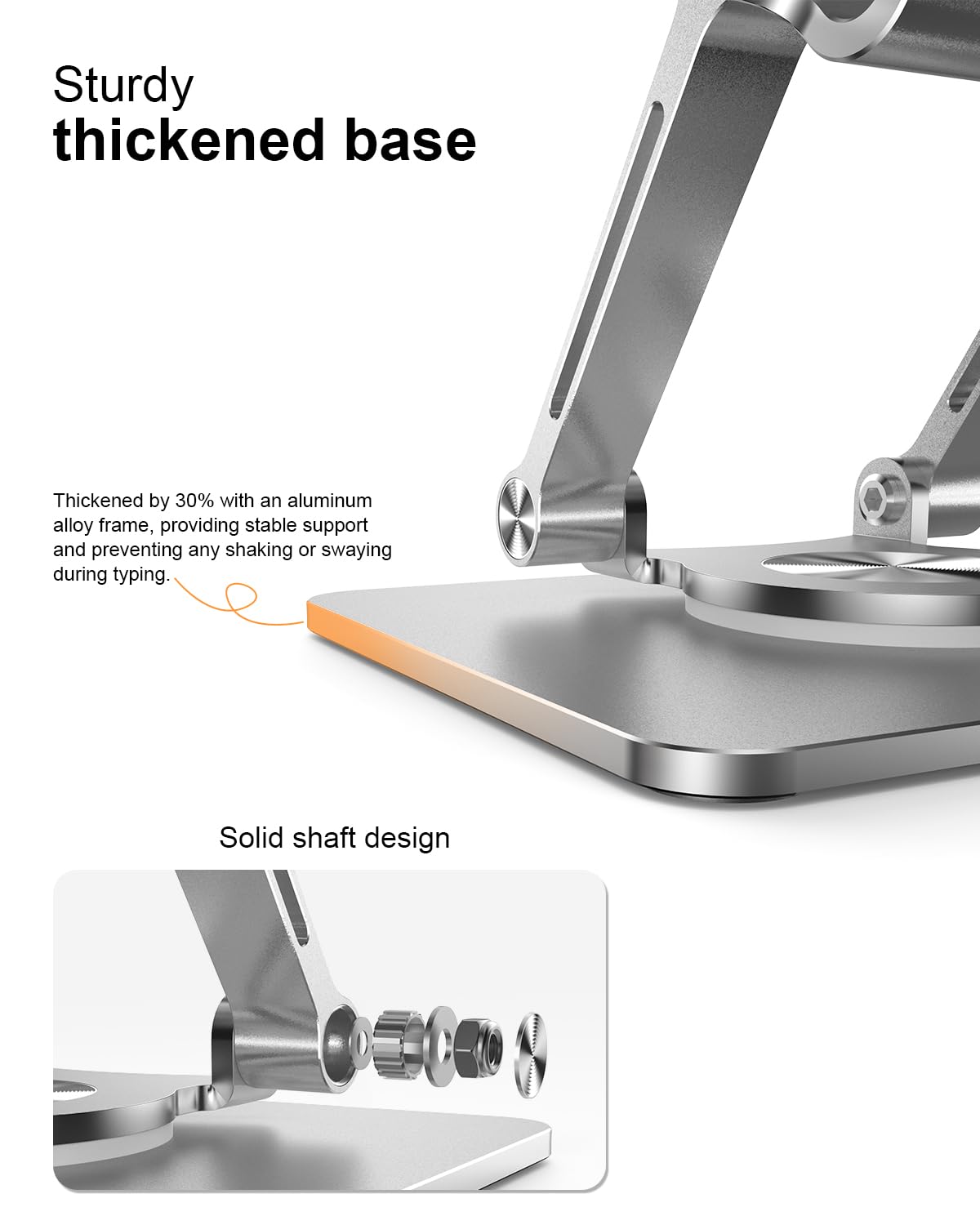 Orlian Tablet-Ständer mit verdickter, um 360° drehbarer Basis, Doppelstange, verstellbarer Aluminium-Ständer für alle 5,8-12,9 Zoll iPads, Samsung, Handys, Tablets, Kindle, E-Reader und mehr, Silber