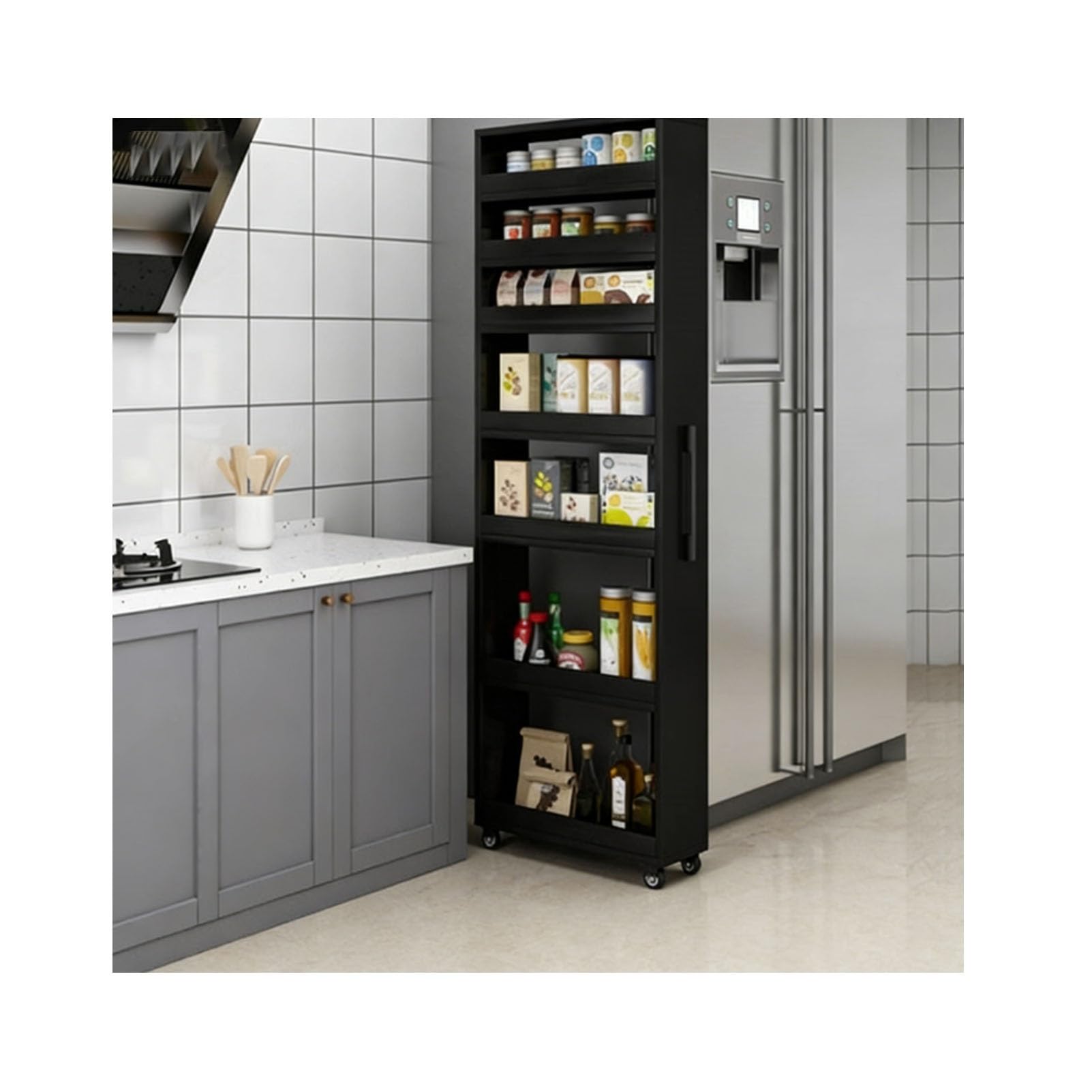 Carrito de cocina delgado con 7 estantes, estante de almacenamiento de madera que ahorra espacio y organizador de despensa para espacios pequeños, comedor y nevera, color negro (15 x 45 x 184 cm