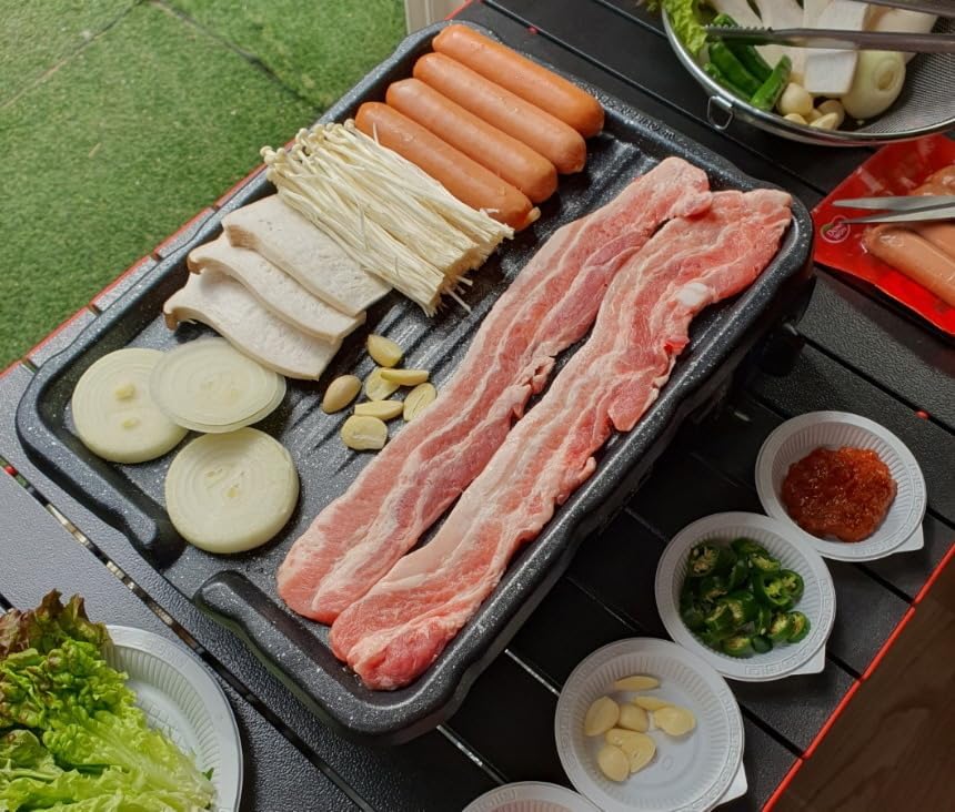stovetop korean bbq grill pan 14.5" cast aluminum nonstick coating, indoor for gas stove, portable outdoor camping bbq, made in korea, pfoa free