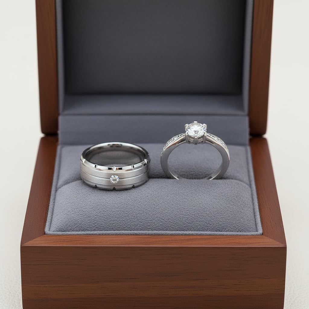 Custom His and Hers Matching Wedding Rings Set Gold Plated Cubic Zirconia Engagement Ring for Women & Titanium Band for Men Classic Bridal Couple Set Anniversary Valentine's Day Rose Gift Box