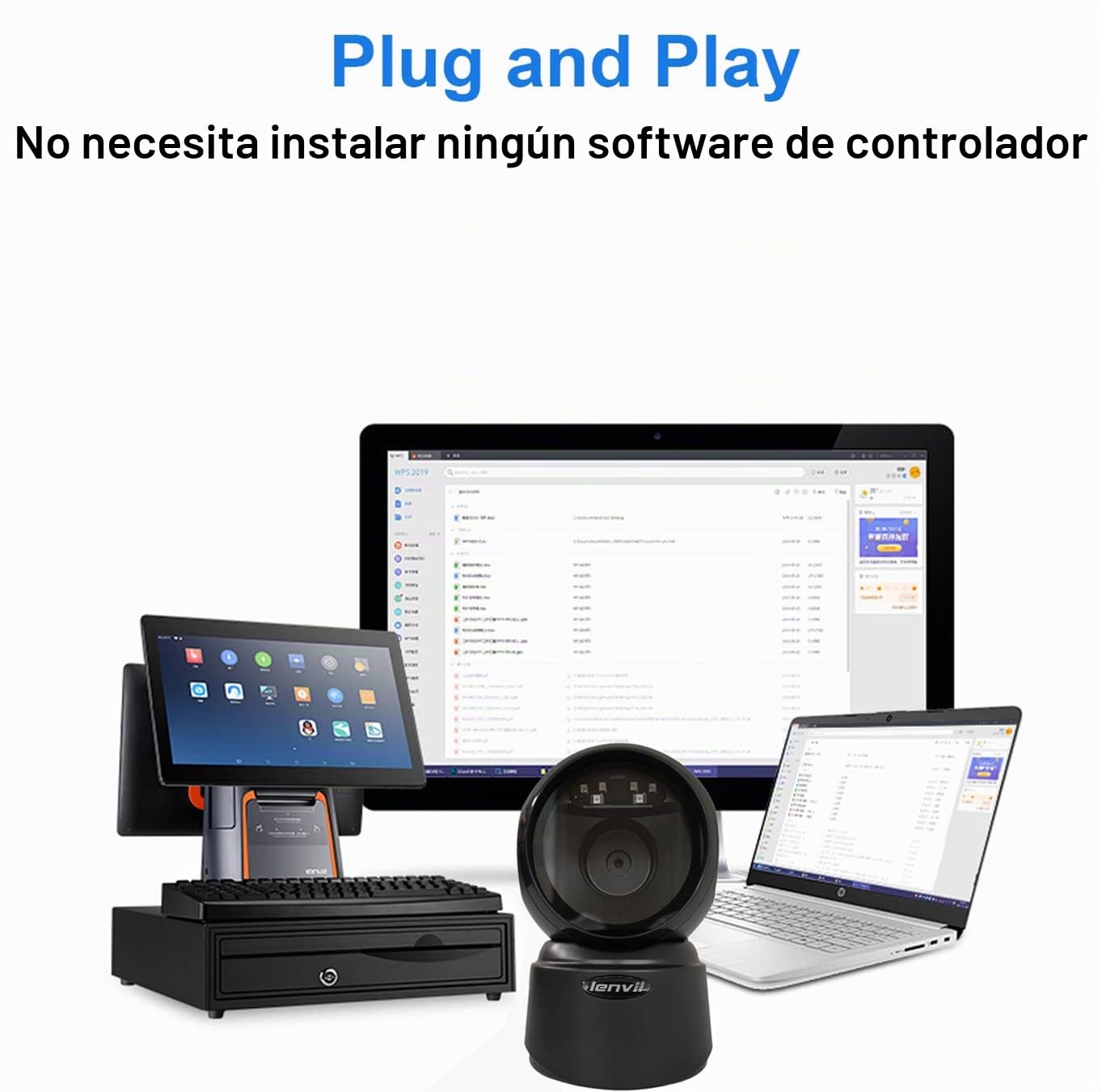 LENVII 1D 2D QR Escáner De Códigos De Barras De Escritorio Omnidireccional Lector De Código De Barras USB Barcode Scanner Manos Libres con Detección Automática Admite Escaneo de Pantalla para