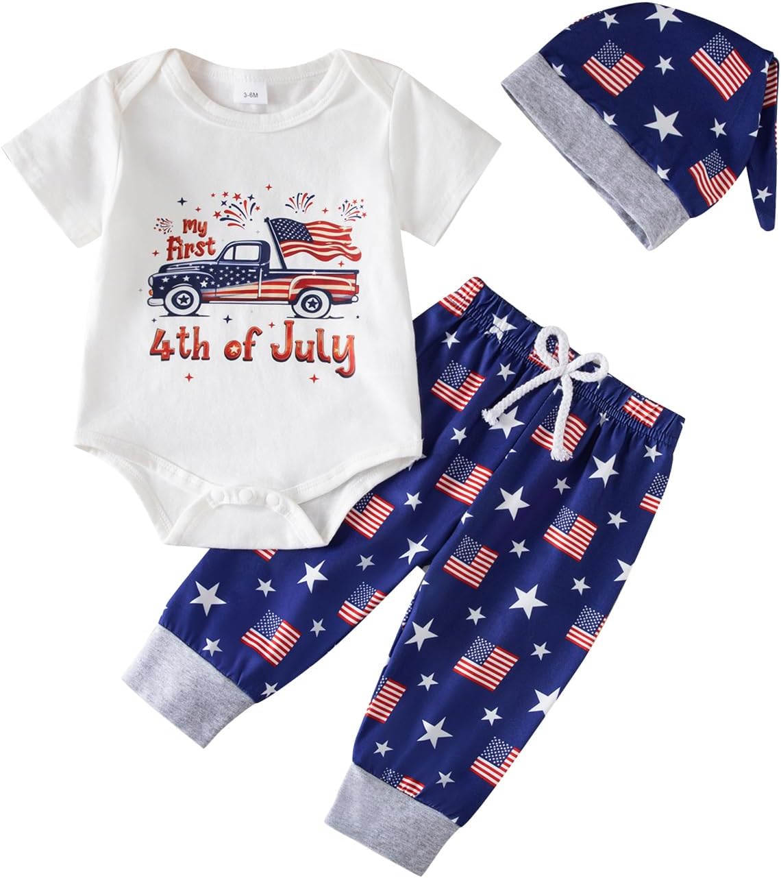 My First 4th of July Baby Boy Outfit Retro Patriotic Romper USA Flag Pants and Hat 3pcs Newborn Clothes