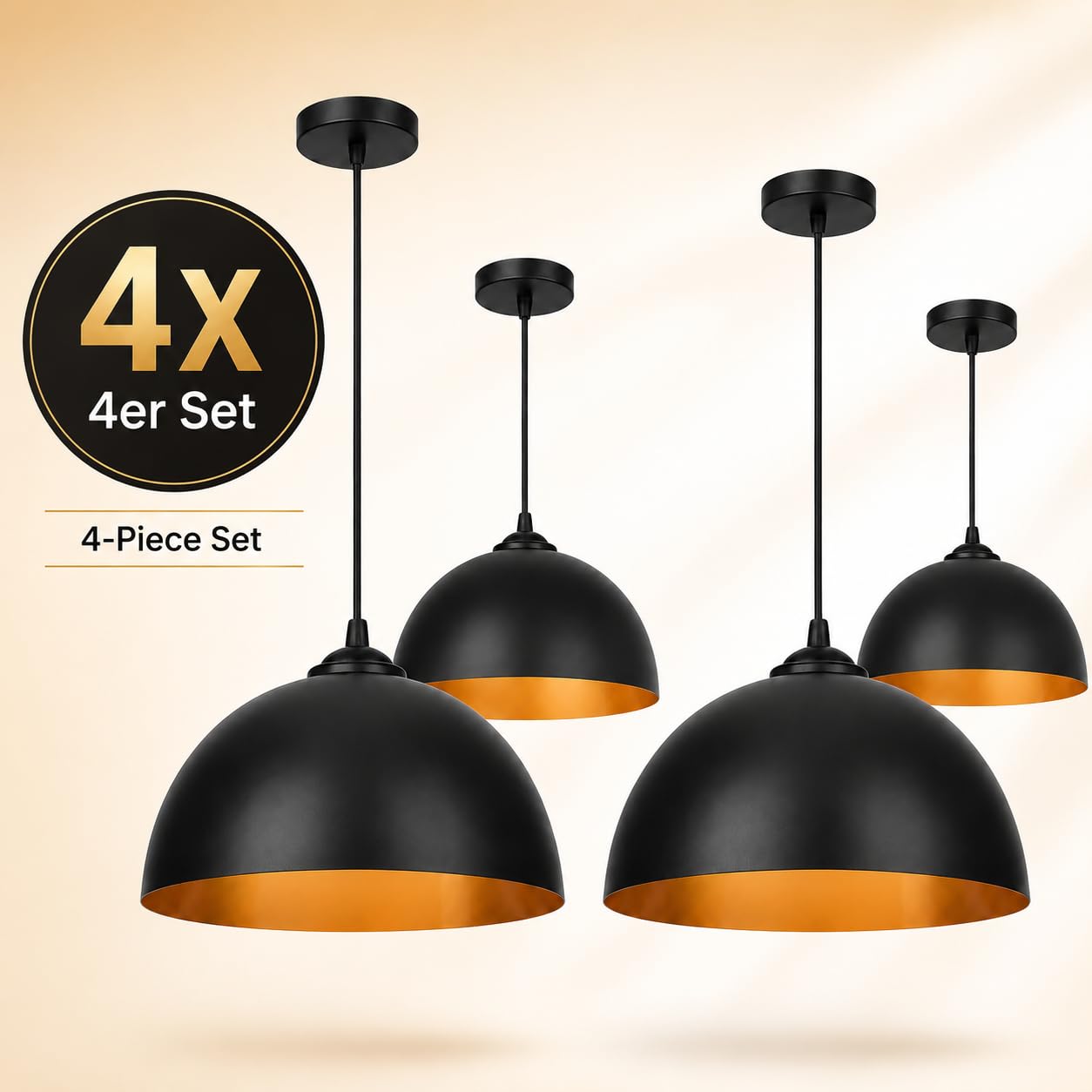 Set di 4 lampade a sospensione in metallo nero e oro, vintage, E27, diametro 30 cm, lampada a sospensione con cavo regolabile, lampada per tavolo da pranzo, cucina, soggiorno, sala da pranzo