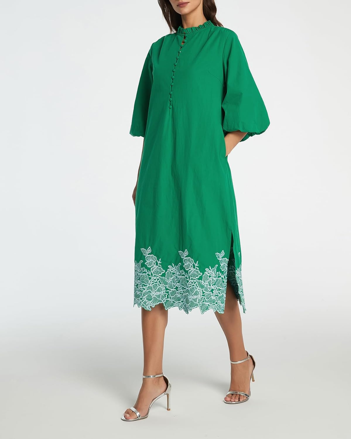 Kedera Womens Midi Summer Dresses Casual 3/4 Sleeve V Neck Button Up Embroidered Cotton Flowy Dress 2025 with Pocket - Image 5