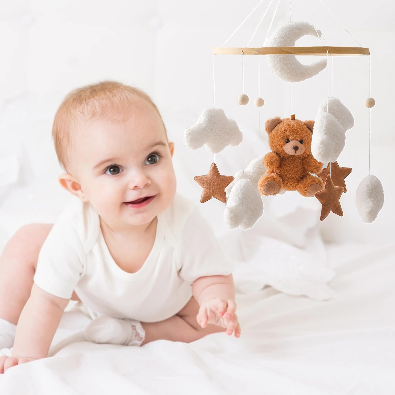Herfair Cloche de lit mobile pour bébé avec ours en peluche - En bois - Carillon mobile à suspendre - Pour lit de bébé - Marron