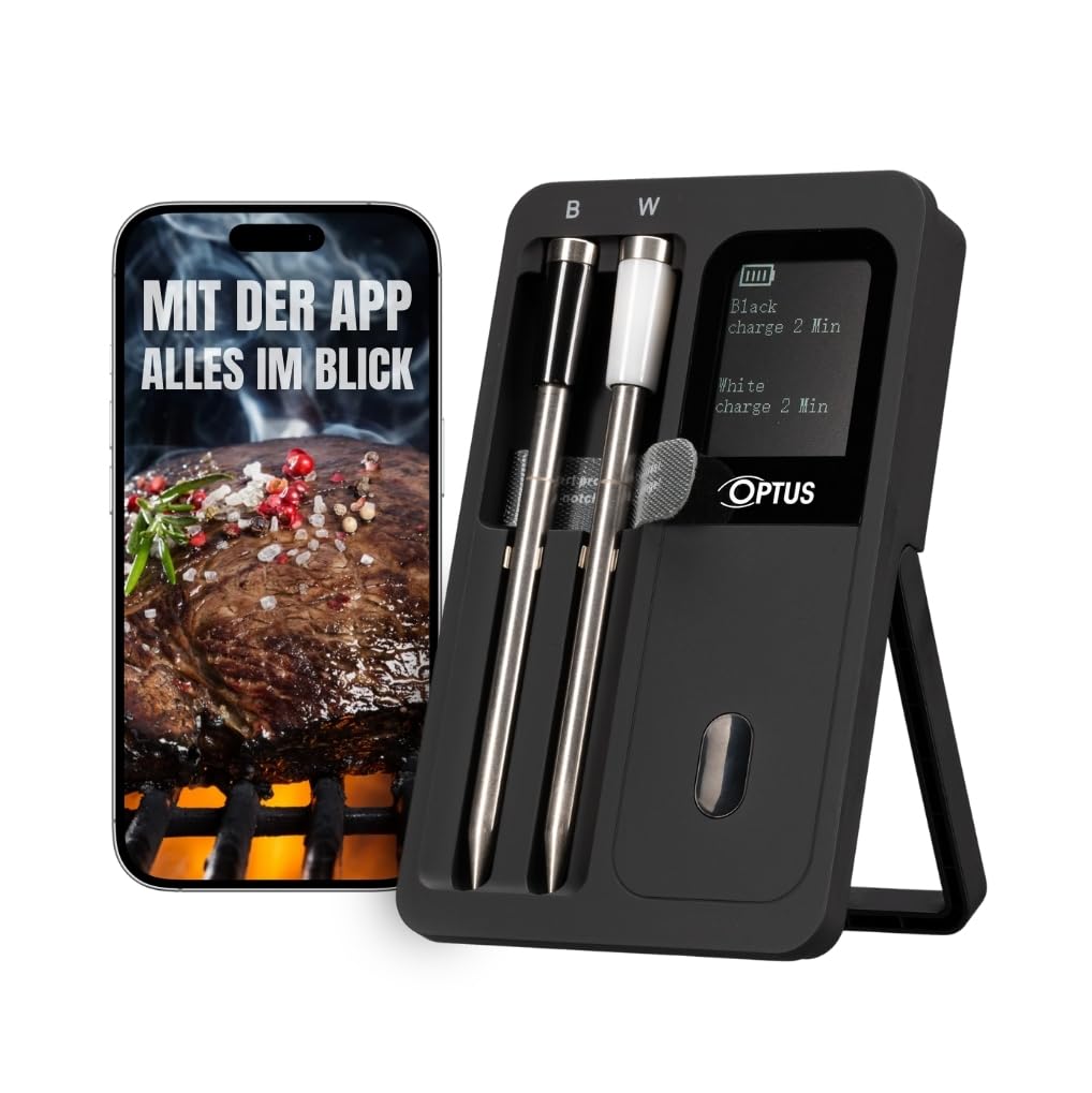 Optus Termometro Bluetooth per barbecue con 2 sonde wireless, controllo app, display IP67, allarme di temperatura, portata 60 m