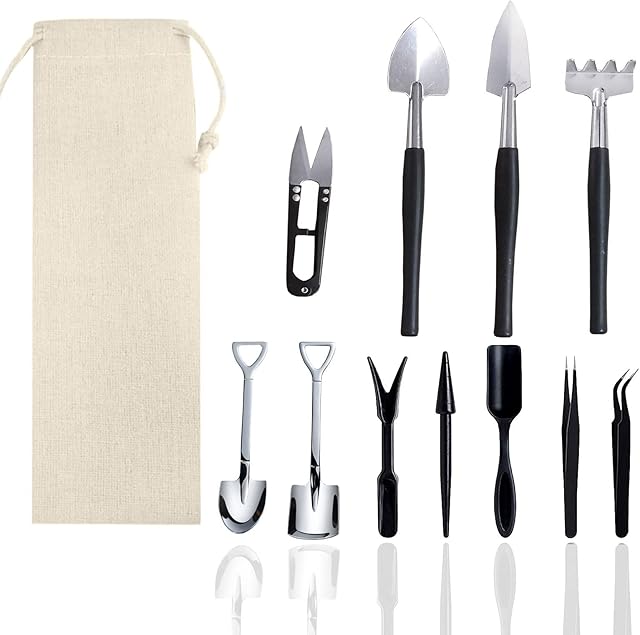 Wobodan 12 Stück Sukkulenten Werkzeugset, Mini Gartenwerkzeuge für Zimmerpflanzen, Bonsai, Kakteen &amp; Umtopfen, Indoor Garten — Werkzeug-Sets