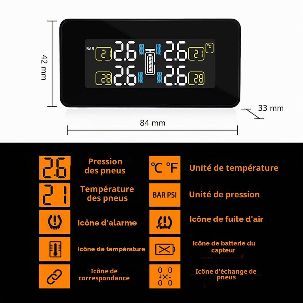 TPMS Système Solaire De Surveillance, avec 4 Capteurs Externes Affichage en Temps Réel LCD Et Fonction D'alarme pour Les Véhicules Récréatifs Campingcars (0-116 Psi)