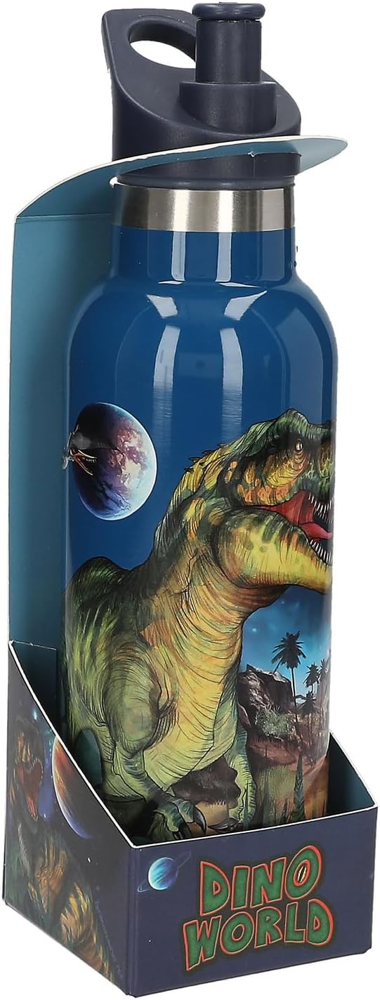 Depesche 13400 Dino World Galaxy Water Bottle in Dark Blue with Dinosaur Motif Stainless Steel Capacity Approx. 500 ml
