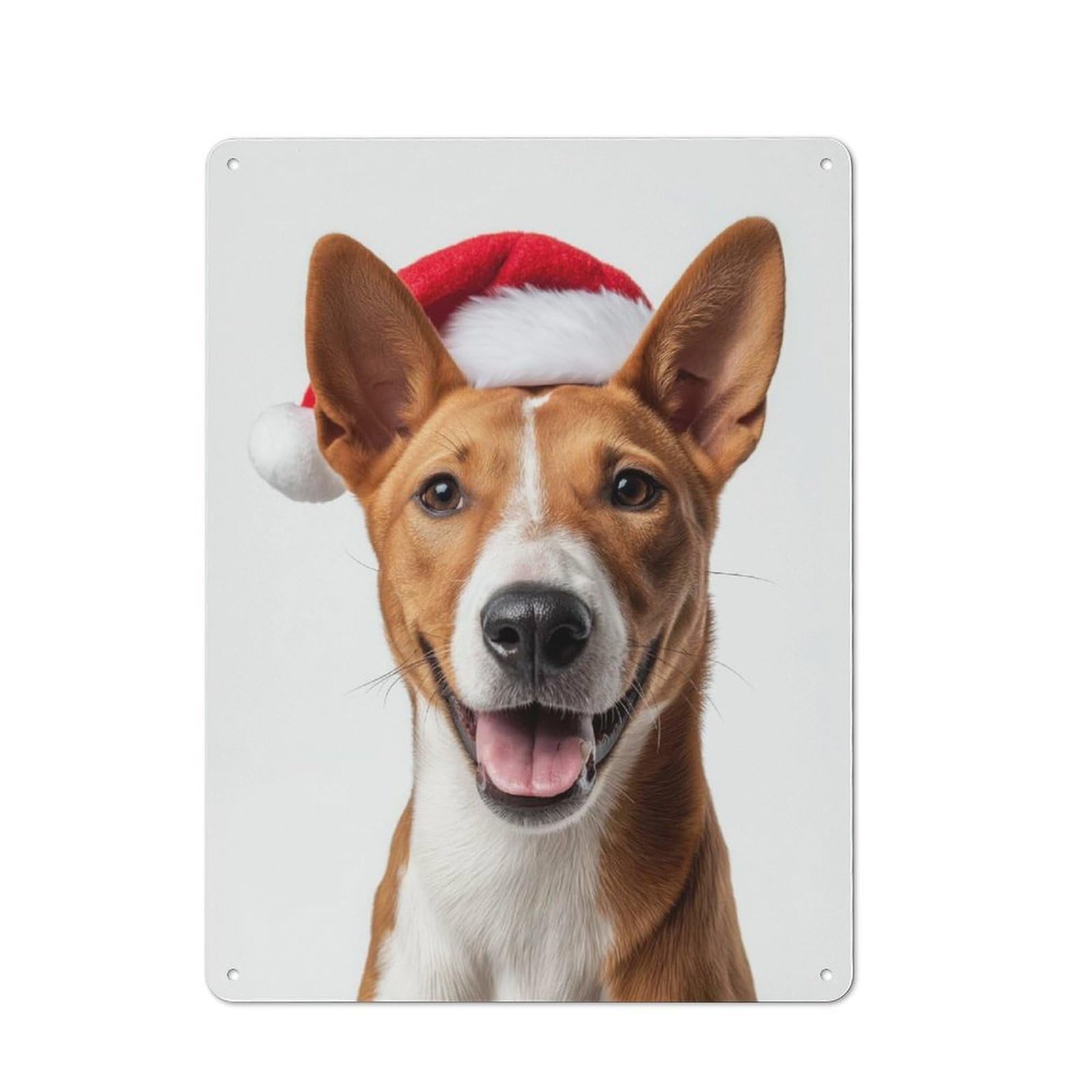 Junmoney Basenji Dog With Santa Hat Portrait Tin Wall Plaque 40X30cm With For Guest Room Or Hallway, For Metal Sign Collectors, For Garage And Workshop Walls