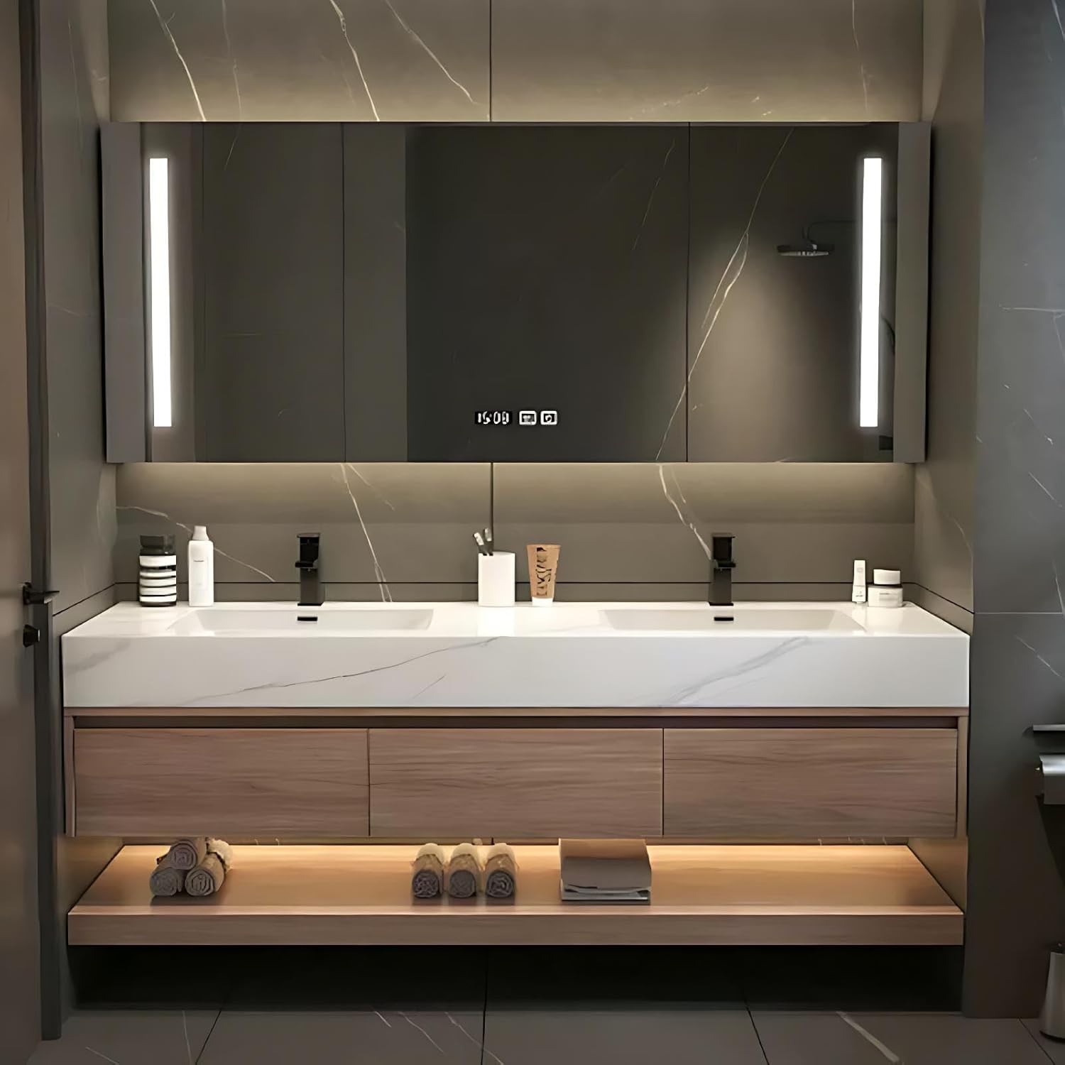 60IN Double Sink Bathroom Vanity - Modern Bathroom Vanity with Anti-Fog Mirror Cabinet, One-Touch Defog & Lighting, Sink Cabinet with 3 Drawers & Open Storage Space, Wood
