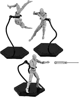Yocoolfun 3-Pack Black Action Figure Display Stands for Gundam HG RG SD SHF 1/144 - Flexible Metal Arms, Interconnectable Bases, Screwdriver Included