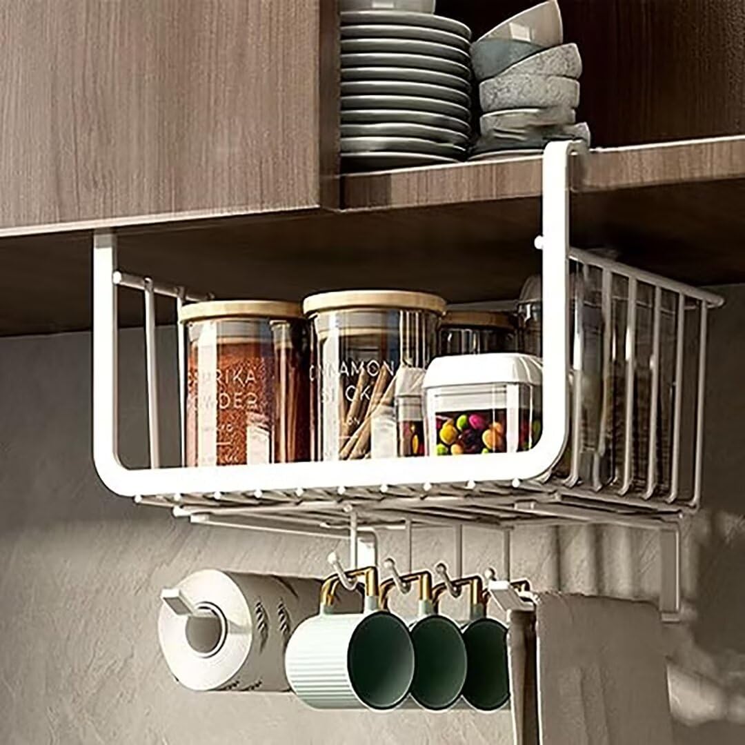 Cesto portaoggetti da appendere sotto la mensola, in filo metallico, per armadi da cucina, bagno, soluzione salvaspazio per armadi e mensole, colore: bianco