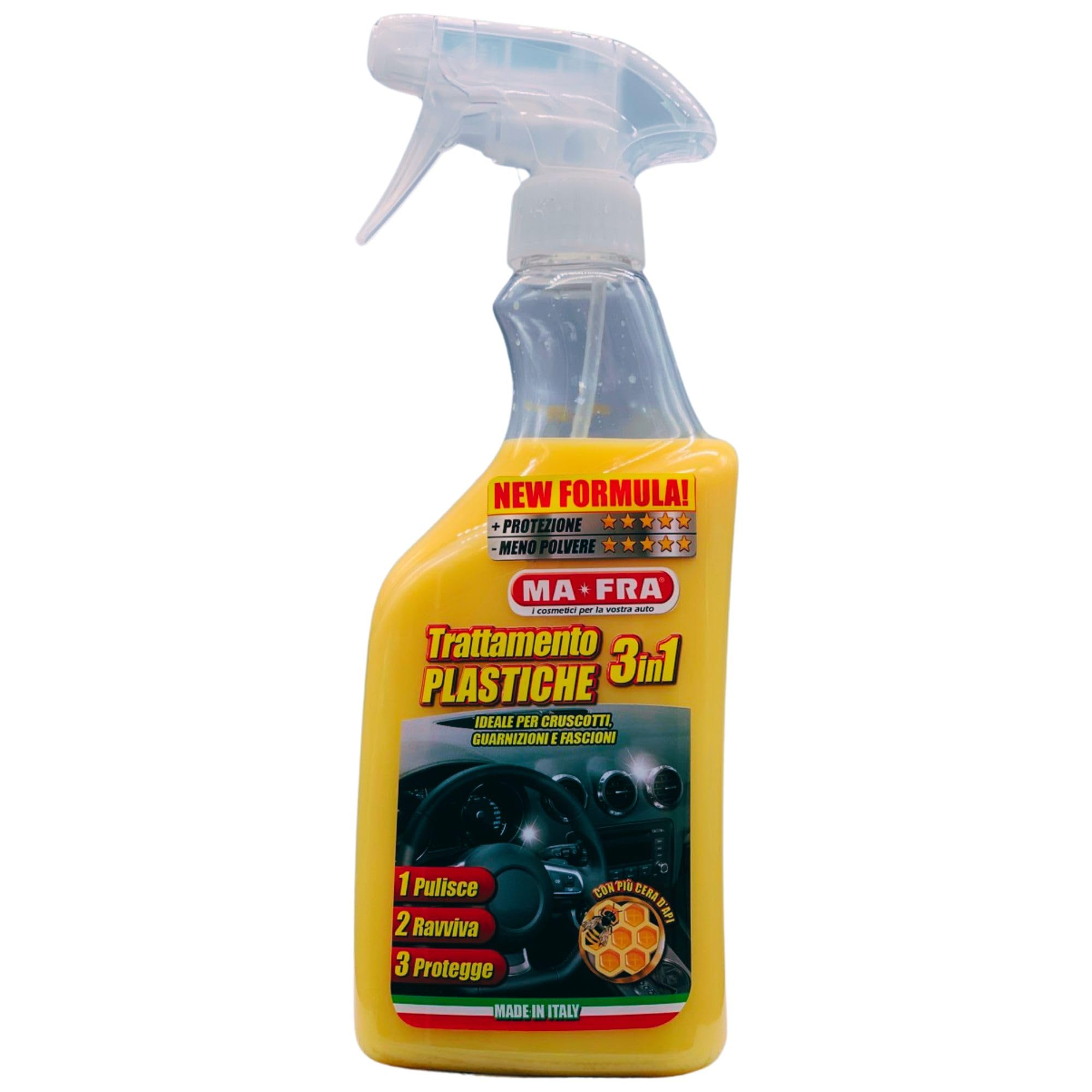 Detergente Spray TRATTAMENTO PLASTICHE 3In1, Ideale Per Cruscotti, Guarnizioni e Fascioni. Pulisce, Ravviva e Protegge Le Parti Interne Dell'Auto 500ml (6 Spray)