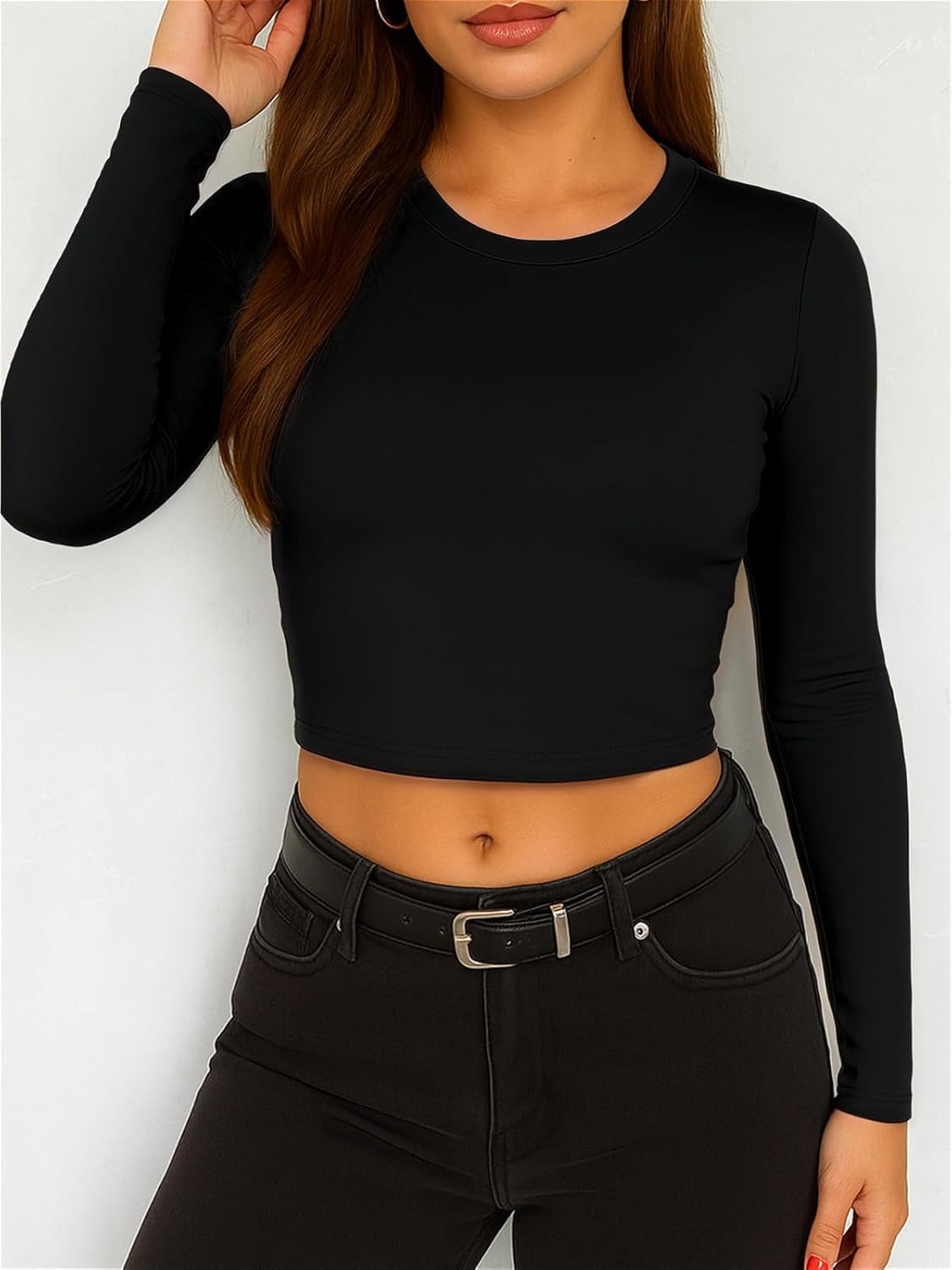 ForeFair Womens Crew Neck Long Sleeve Crop Top Tight Going Out Tops Fitted Fall Y2K Basic Shirts - Image 5