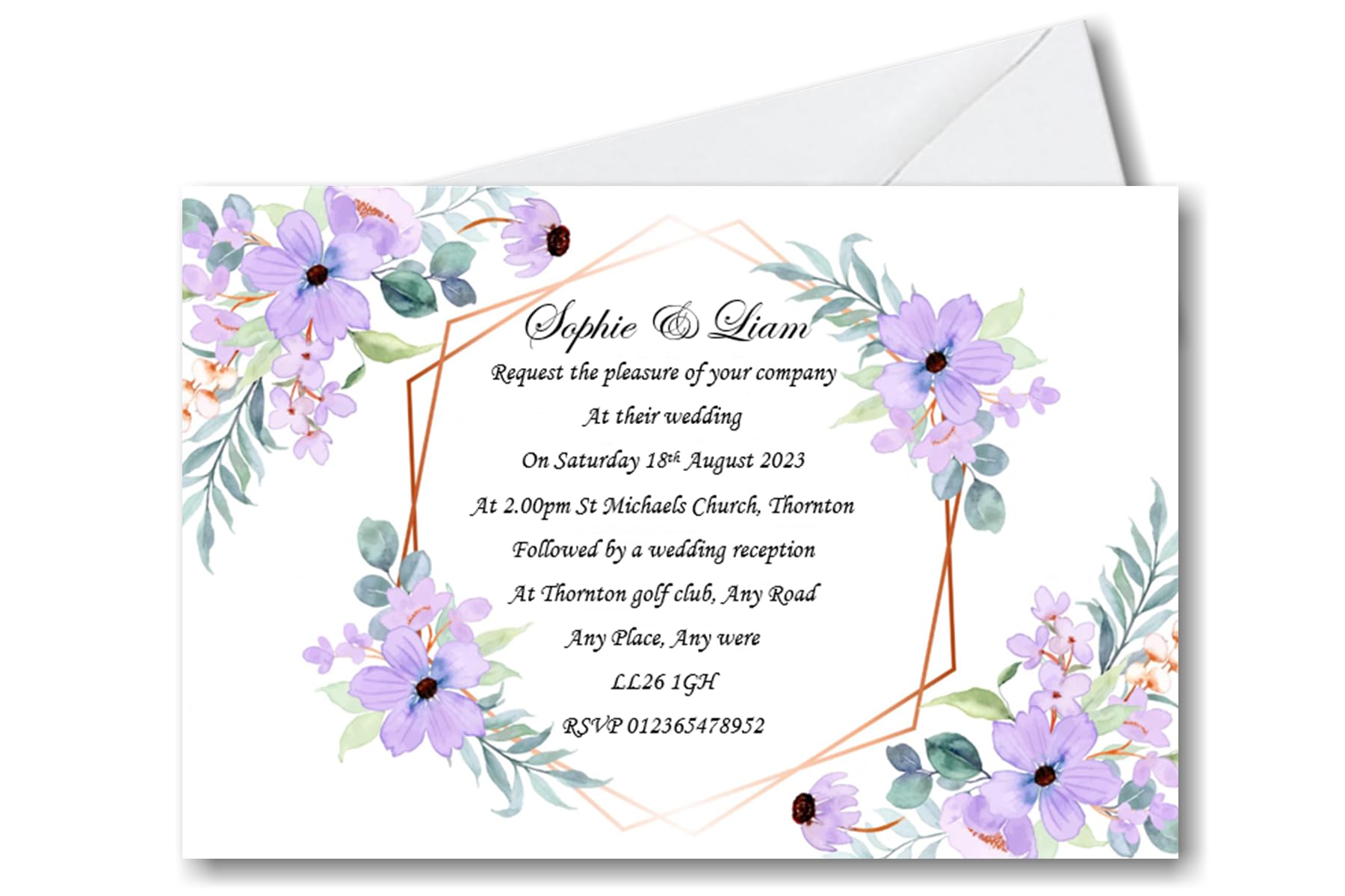 Personalised Wedding Invitations with Envelopes – Lilac flowers – Custom Wedding Invites – Elegant Design Printed Wedding Cards – WD5 (50)