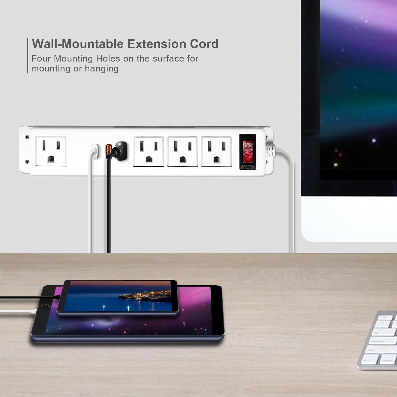 20W USB C Multi Outlet Wall Mount Computer Extension Cord 4 Outlets 3 USB Ports (2 QC USB-A & 1 PD USB-C) Flat Home Ports,