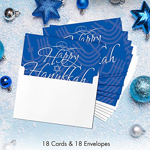 Designer Greetings Hanukah Cards With Emboss Treatments And Silver Foil Lined White Envelopes In A Sturdy Blue Box With Clear Acetate Lid. 18 Cards And Envelopes Per Box. #TOP3
