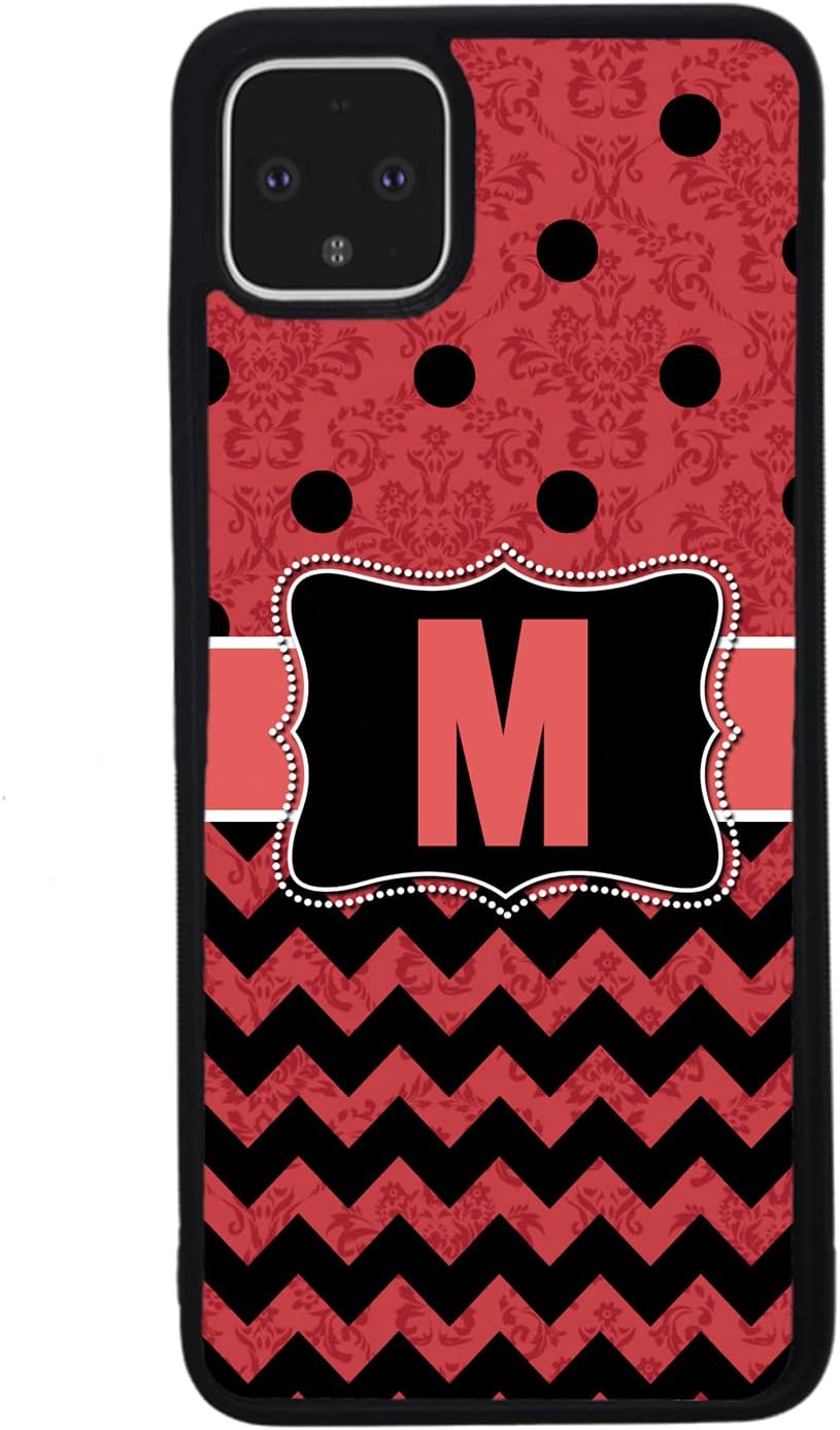 Polka Dot Chevron Damask Red Black Initial Black Rubber Phone Case Compatible With Google Pixel 10, 10 Pro, 10 Pro XL, 9a, 9 Pro, Pixel 9, Pixel 9 Pro XL, 8a, 8 Pro, 8, 7, 6, 6a, 6 Pro, 5, 4