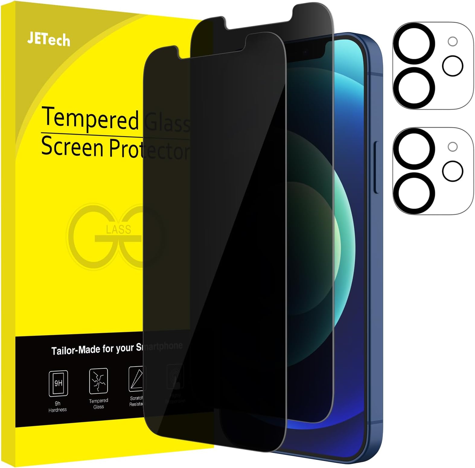 JETech Privacy Screen Protector for iPhone 12 6.1-Inch with Camera Lens Protector, Anti Spy Tempered Glass Film, 2-Pack Each