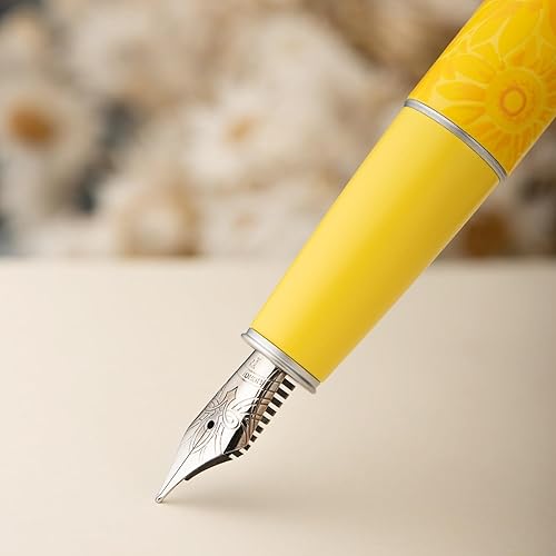 Miniatura 8 de Hongdian C3 - Pluma estilográfica, punta fina de iridio suave, talla de nudo chino, diseño de pintura de girasol amarillo brillante con caja de metal