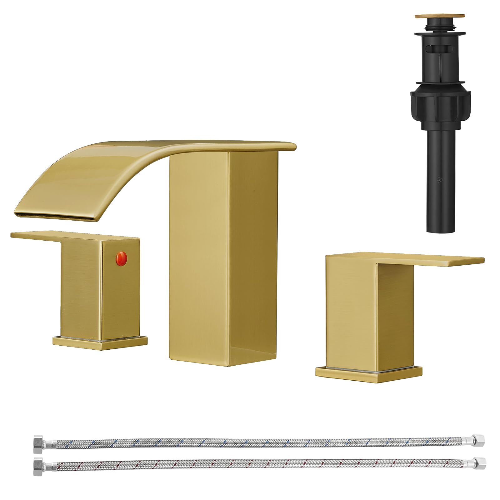 RUMOSE Brushed Gold Bathroom Faucets Set With Pop Up Drain Single Handle Bathroom Sink Faucet 1 & 3 Hole Waterfall Spout Vanity Faucet Kit With Deck - View #9