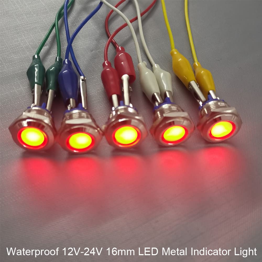 GUUZI 5 pezzi 12V-24V 16mm LED Indicatore Luminoso in Metallo Lampada di Segnalazione Impermeabile con Cavo(Rosso)