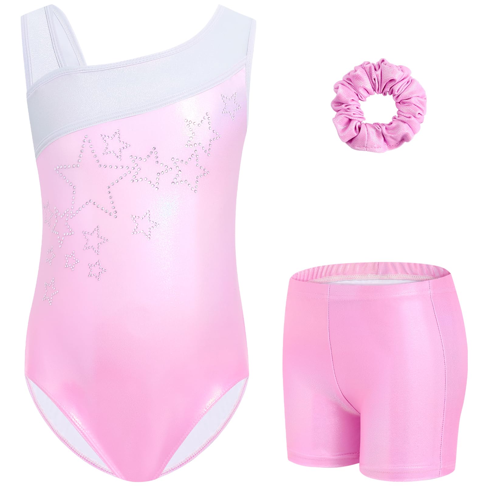 Gogokids Conjunto de gimnasia de tres piezas para niña, cuello en Y, sin mangas, con pantalones cortos y diadema, traje de gimnasia con diseño de bloques de color azul y morado, 3-12 años — view 37