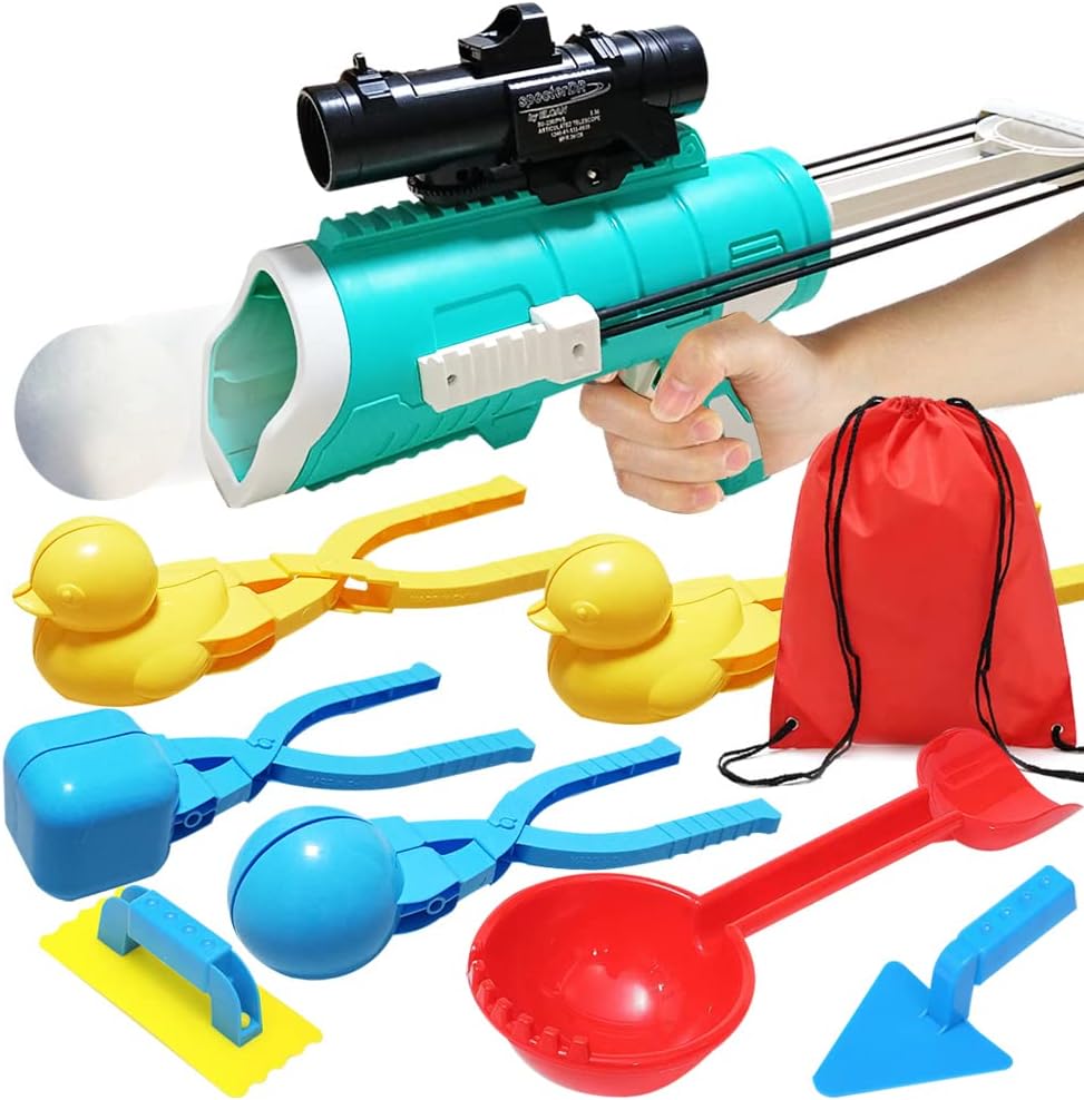Snowball Maker Toy Kit with Snowball Blaster Gun, 9 Pcs Winter Snow Toys with 2 Duck/1 Round/1 Square Shaped Snowball Clip, Snowball Launcher/Carry Bag, Outdoor Snow Fight Toy for Kids/Adults
